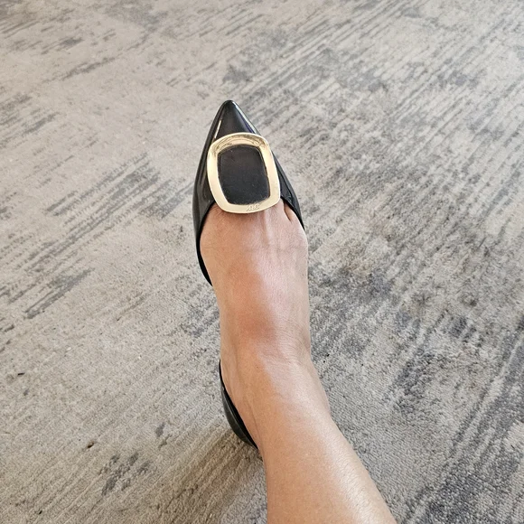 Black Patent Leather Flats with Gold Buckle - Picture 5 of 5